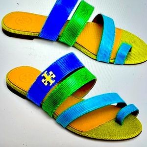 Tory Burch Kira Toe Ring Sandals Womens Size 8 Leather Logo Summer Flats